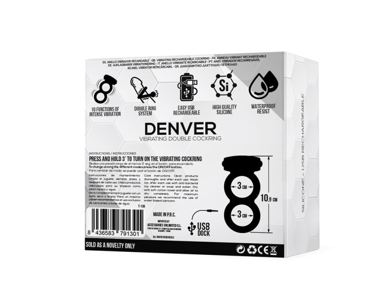 Denver Anillo Doble con Bala Vibradora USB Silicona Negro