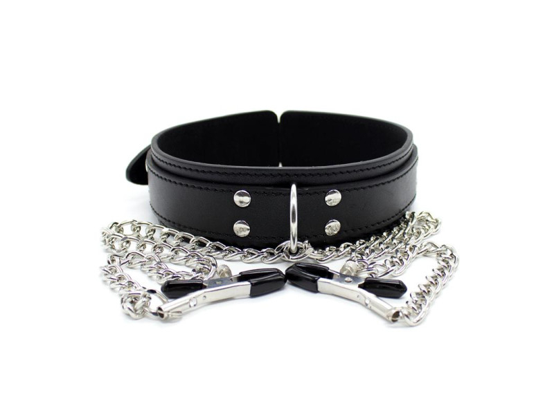 Collar con Pezoneras y Cadena de Metal Negro