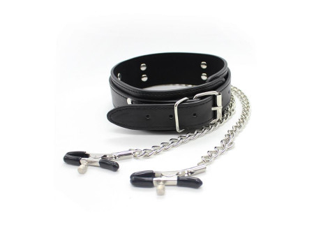 Collar con Pezoneras y Cadena de Metal Negro