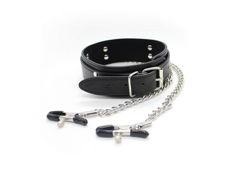 Collar con Pezoneras y Cadena de Metal Negro