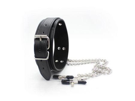 Collar con Pezoneras y Cadena de Metal Negro