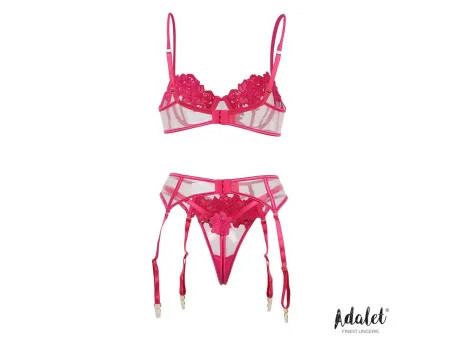 Nora Set Sujetador Tanga y Liguero con Flores Fuchsia