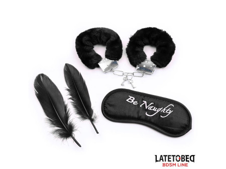 Set de 3 Piezas Antifaz Esposas y Plumas Negro