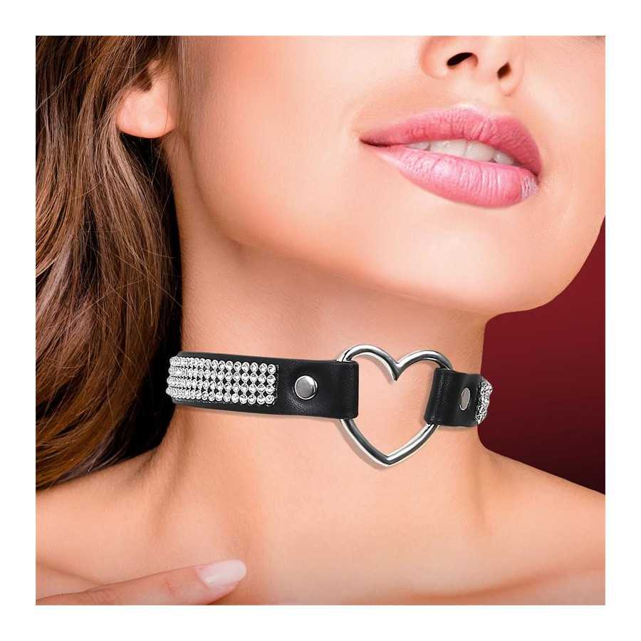 Collar con Corazon y Pedreria Estilo Choker Cuero Vegano Talla Unica