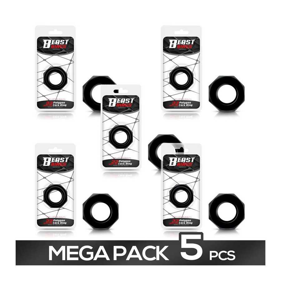 Pack de 5 Anillo para el Pene Poligonal Super Flexible 22 cm Negro