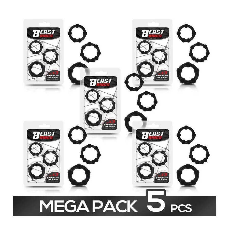 Pack de 5 Set 3 Anillos para el Pene Beaded Flexible Negro