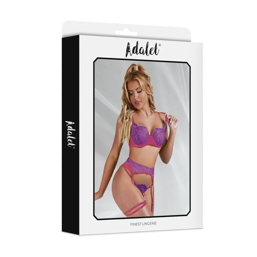 Stella Set Sujetador Tanga Liguero y Liga Purpura y Rosa