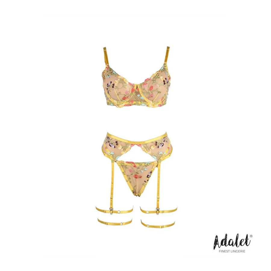 Zoey Set Sujetador Tanga Liguero y Ligas Amarillo Floral