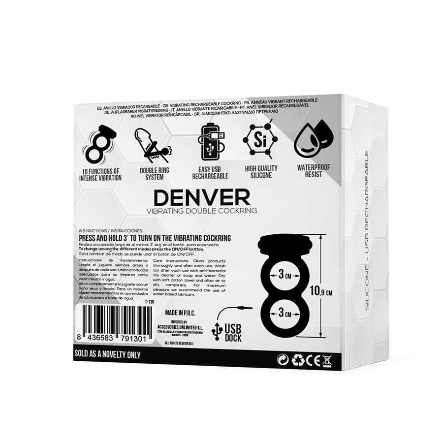 Denver Anillo Doble con Bala Vibradora USB Silicona Negro